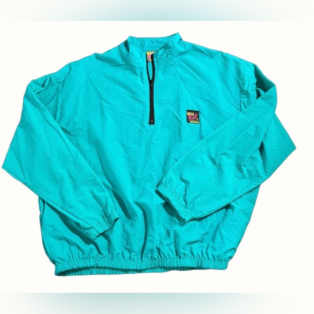 Vintage Surf Style Windbreaker One Size Teal Nylon Pullover USA Made 80s 90s